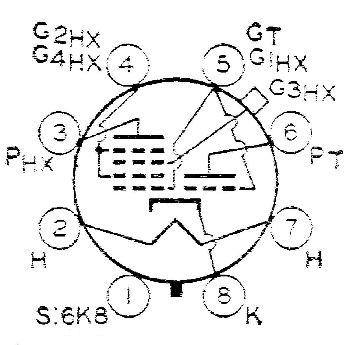 [Schematic of the 6K8 Triode/Hexode Tube]